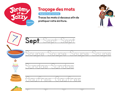 Sept jour par semaine traçage des mots